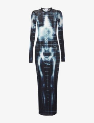 JEAN PAUL GAULTIER: Skeleton-Print Long-Sleeves Woven Maxi Dress
