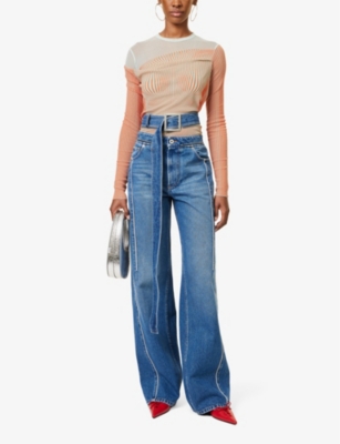Shop Jean Paul Gaultier Womens Mint/coral Striped Mesh Woven Body Xl