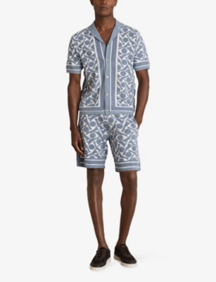 Reiss Mens Edmonds Geometric-pattern Towelling Shirt Soft Blue White