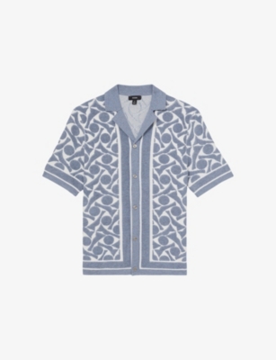 Reiss Mens Edmonds Geometric-pattern Towelling Shirt Soft Blue White
