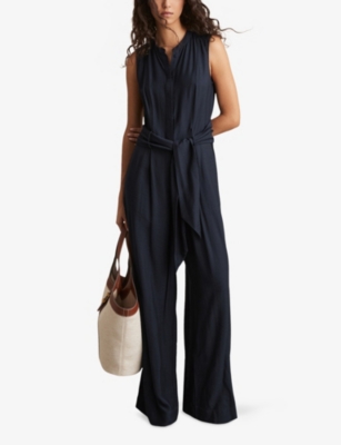 Reiss Womens Raven Wide-leg Belted Woven Jumpsuit Navy In Navy