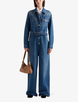 PRADA: Triangle-logo faded-wash loose-fit denim jumpsuit