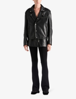 PRADA WOMENS BLACK VINTAGE-TREATED LEATHER BIKER JACKET 