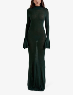 HOUSE OF CB OF CB WOMENS FOREST GREEN SANCHA FLUTED-SLEEVE KNITTED MAXI DRESS 