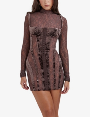 Shop House Of Cb Womens  Marica Crushed-velvet Stretch-lace Mini Dress In Brown