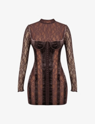 Shop House Of Cb Womens  Marica Crushed-velvet Stretch-lace Mini Dress In Brown