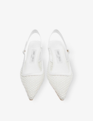 JIMMY CHOO WOMENS AMEL CRYSTAL-MESH HEELED SATIN PUMPS WHITE/CRYSTAL