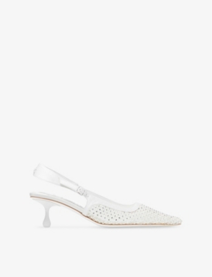 JIMMY CHOO WOMENS AMEL CRYSTAL-MESH HEELED SATIN PUMPS WHITE/CRYSTAL