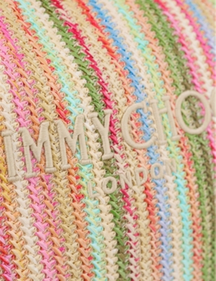 JIMMY CHOO: Beach Diamond Striped Logo-Embroidered Hobo Raffia Bag