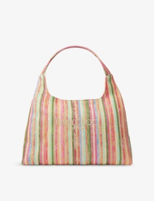 JIMMY CHOO: Beach Diamond Striped Logo-Embroidered Hobo Raffia Bag