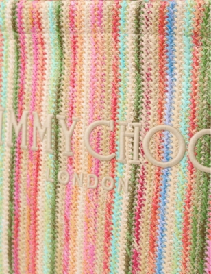 JIMMY CHOO: Stripe London Logo-Embroidered Raffia Beach Tote Bag