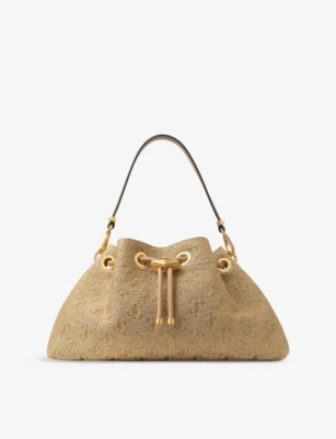 JIMMY CHOO: Cinch Bon Bon Monogram Raffia Shoulder Bag