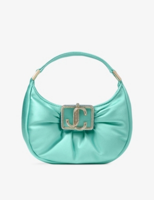 JIMMY CHOO: Edie Brand-Monogram Puffed Satin Mini Hobo Bag