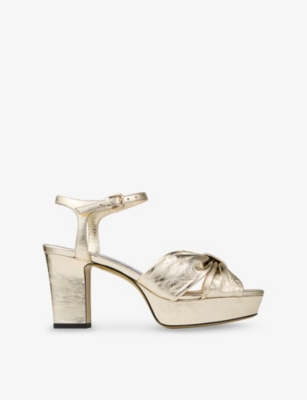 JIMMY CHOO: Heloise 80 Knotted-Strap Metallic-Leather Heeled Sandals