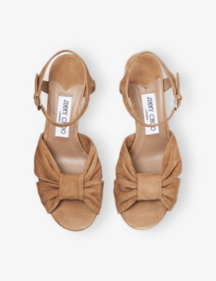 Jimmy Choo Womens  Heloise 80 Knotted-strap Suede Heeled Sandals In Biscuit