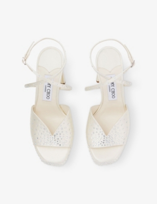 Jimmy Choo Karli 125 Crystal Satin Platform Sandals In Ivory/crystal