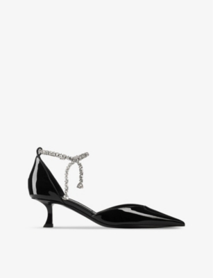 JIMMY CHOO: Stevie 50 crystal-embellished patent-leather heeled courts