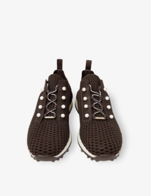 JIMMY CHOO: Veles Pearl-Embellished Crochet-Knit Low-Top Trainers