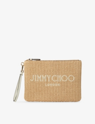 JIMMY CHOO: Zip-Top Logo-Embroidered Raffia Pouch
