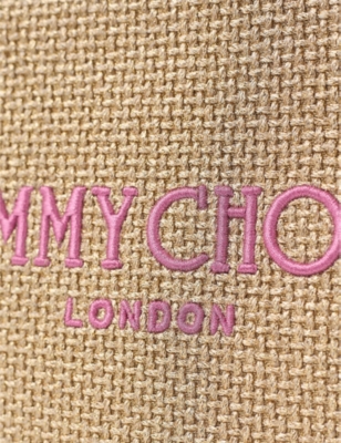 JIMMY CHOO: Zip-Top Logo-Embroidered Metallic Raffia Pouch