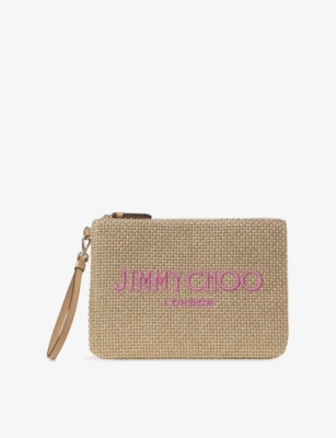JIMMY CHOO: Zip-Top Logo-Embroidered Metallic Raffia Pouch