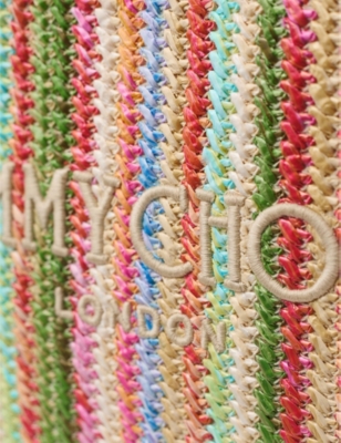 JIMMY CHOO: Zip-Top Striped Logo-Embroidered Raffia Pouch