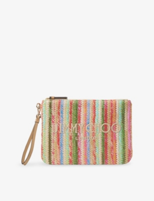 JIMMY CHOO: Zip-Top Striped Logo-Embroidered Raffia Pouch