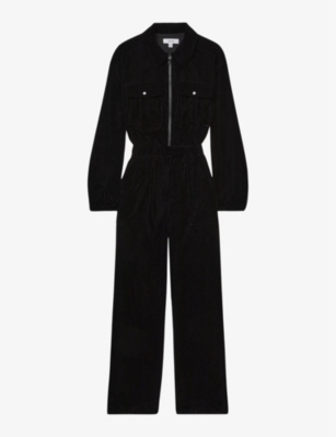 Reiss Black Vinnia Patch-pocket Velvet Jumpsuit In Black