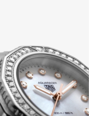 TAG HEUER WHITE WBP1451.BA0622 AQUARACER LADIES MOTHER-OF-PEARL, 18CT ROSE-GOLD AND DIAMOND STAINLESS-STEEL QU 