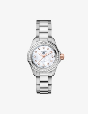 TAG HEUER WHITE WBP1451.BA0622 AQUARACER LADIES MOTHER-OF-PEARL, 18CT ROSE-GOLD AND DIAMOND STAINLESS-STEEL QU 