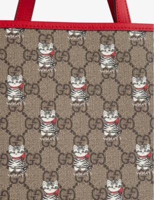Gucci Be Ebony Mul/br.hibi Kids' Cat Gg-monogram Canvas Tote Bag In Be Ebony Mul/br.hibi