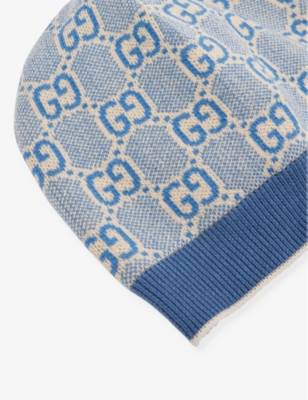 GUCCI BLUETTE/IVORY MONOGRAM-PRINT RIBBED COTTON BEANIE 2-8 YEARS 