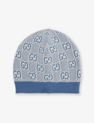 Gucci Monogram-print Ribbed Cotton Beanie 2-8 Years In Bluette/ivory
