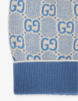 GUCCI MONOGRAM-PRINT RIBBED COTTON BEANIE 4-8 YEARS BLUETTE/IVORY 