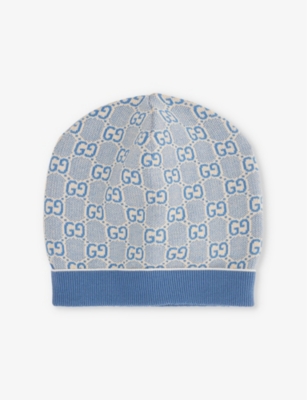 Gucci Monogram-print Ribbed Cotton Beanie 4-8 Years In Bluette/ivory