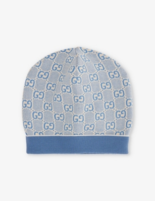 GUCCI MONOGRAM-PRINT RIBBED COTTON BEANIE 4-8 YEARS BLUETTE/IVORY 