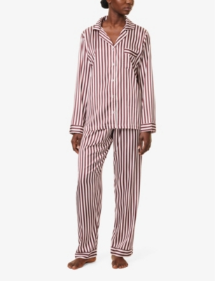 THE NAP CO WOMENS CHERRY STRIPE CONTRAST-PIPING STRAIGHT-LEG STRETCH-WOVEN PYJAMA SET 