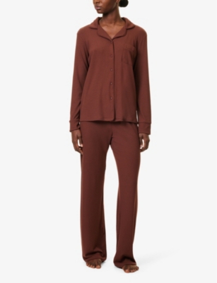 The Nap Co Womens Ribbed Wide-leg Stretch-woven Pyjama Set Chocolate In Chocolate