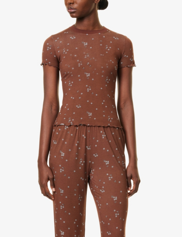Flower-print short-sleeves stretch-woven pyjama top