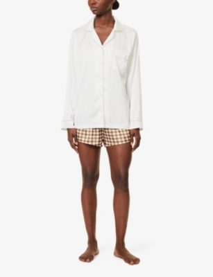 The Nap Co Womens Gingham-print Satin Stretch-woven Shorts Brown Gingham In Brown Gingham