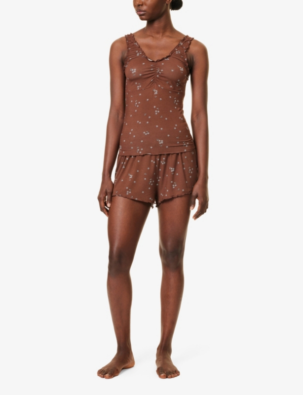 Flower-print frilled-trims stretch-woven pyjama shorts