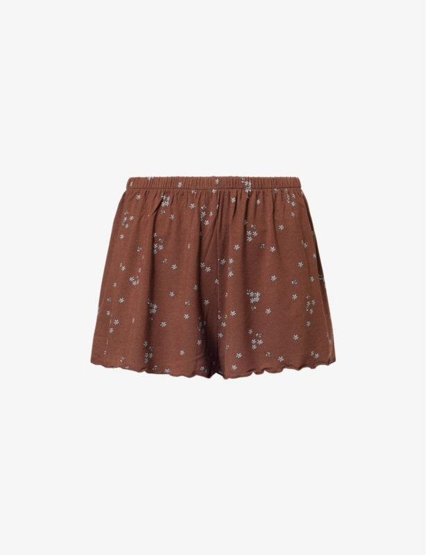 Flower-print frilled-trims stretch-woven pyjama shorts