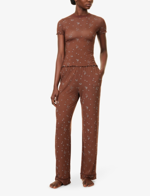 Flower-print wide-leg high-rise stretch-woven pyjama bottoms