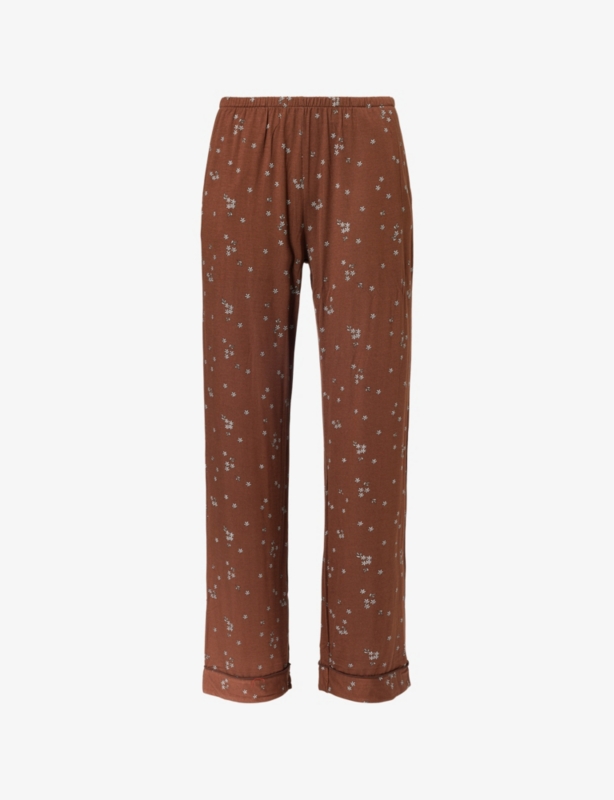 Flower-print wide-leg high-rise stretch-woven pyjama bottoms