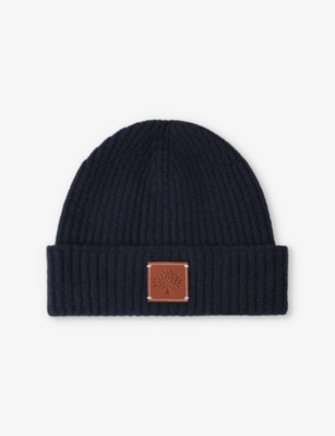 MULBERRY: Solid logo-patch ribbed wool beanie hat