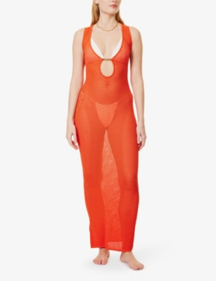 MONDAY SWIMWEAR WOMENS MONTE CARLO BRAND-PLAQUE KNITTED MAXI DRESS PAPAYA LACE CROCHET 