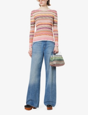 MISSONI WOMENS MULTICOLOR PINK TONES STRIPE RIBBED CREWNECK COTTON-BLEND KNITTED TOP 