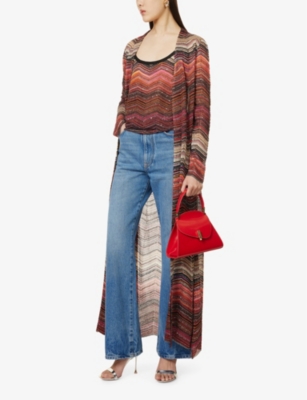 MISSONI WOMENS BLACK GOLD FUCSIA RED LONG CHEVRON METALLIC KNITTED CARDIGAN 