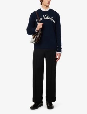 VALENTINO MENS INDACO REGULAR-FIT EMBROIDERED-BRANDING WOOL-KNIT JUMPER 