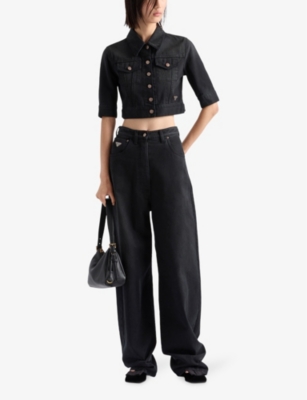 Shop Prada Womens  Cropped Triangle-logo Denim Blouson Jacket In Black